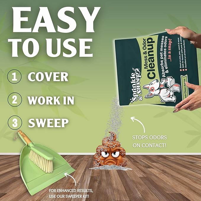 Dog Pee Cleaner Powder with Sweeper Kit | Pet Accident Cleanup Kit for Hard Surfaces | Vomit Cleanup Powder | Puppy Potty Training Aid | Dog Diarrhea Absorbent | Odor Remover | Sprinkle and Sweep