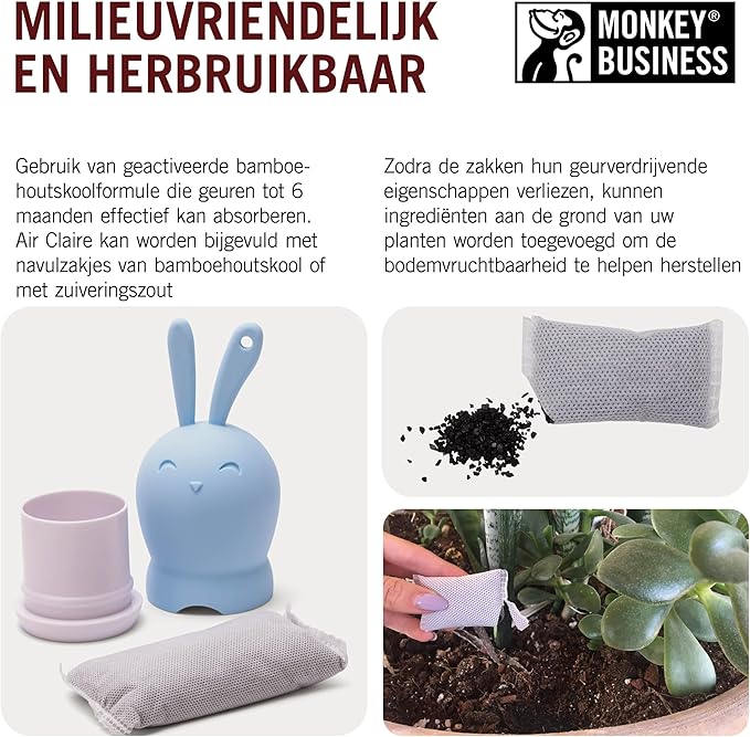 Monkey Business Odor Eliminators, Deodorizers For Cupboards And Small Areas, Activated Charcoal Also Keeps Wardrobes, Lockers, Gym Bags Fresh, Odor Absorber Eco-friendly (Air Claire - Blue)
