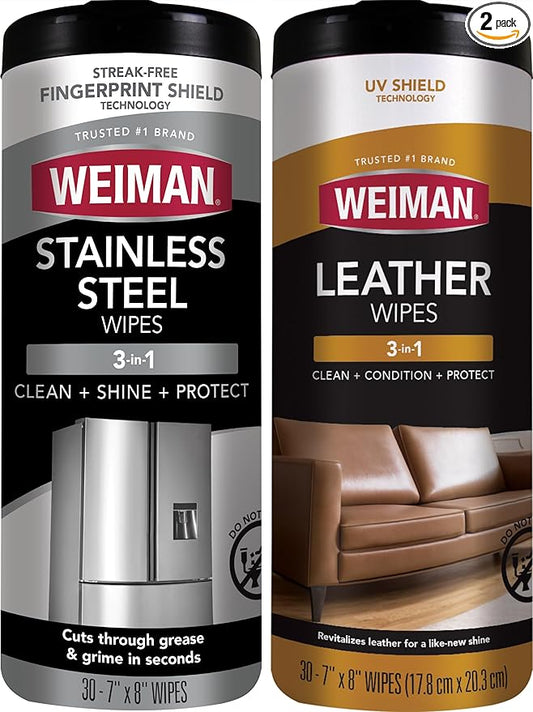 Weiman Stainless Steel Wipes and Leather Wipes - Clean and Polish Appliances for a Brighter and Longer Shine - Clean, Condition and Restore Leather Surfaces - Packaging May Vary