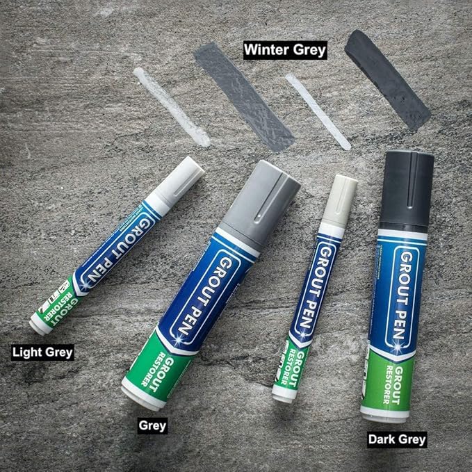 Grout Pen Tile Paint Marker: Waterproof Grout Colorant and Sealer Pen to Renew, Repair, and Refresh Tile Grout - Cleaner Coating Stain Pens - 2 Pack, 15mm Wide Winter Grey and 5mm Narrow White Tip