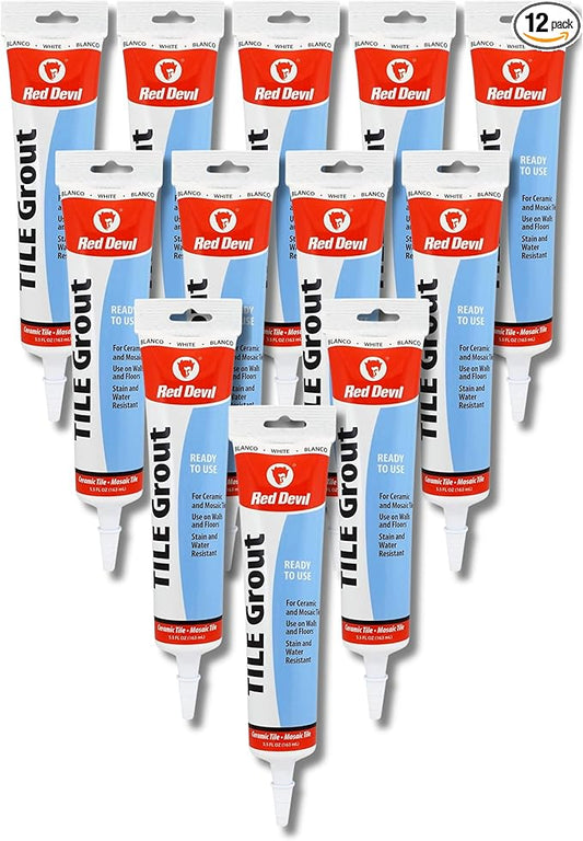 Red Devil 0425 Pre-Mixed Tile Grout - Professional Quality, Excellent Adhesion, Ideal for Wall & Floor Use - 5.5 oz, White, Pack of 12, Made in USA
