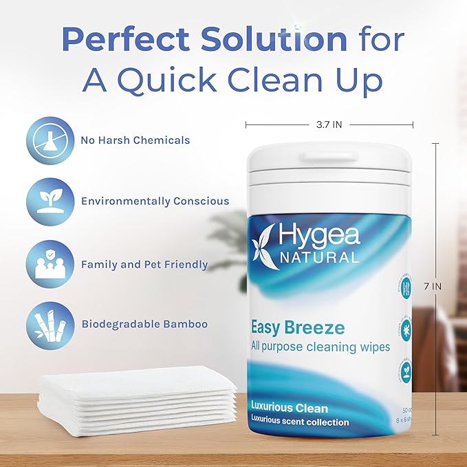 Hygea Natural EasyBreeze All Purpose Cleaning Wipes - Biodegradable Bamboo Wipes for Multi-surface Cleaning - Environmentally Friendly Formula - Luxurious Clean Scented (4 Packs of 50 Wipes Each)