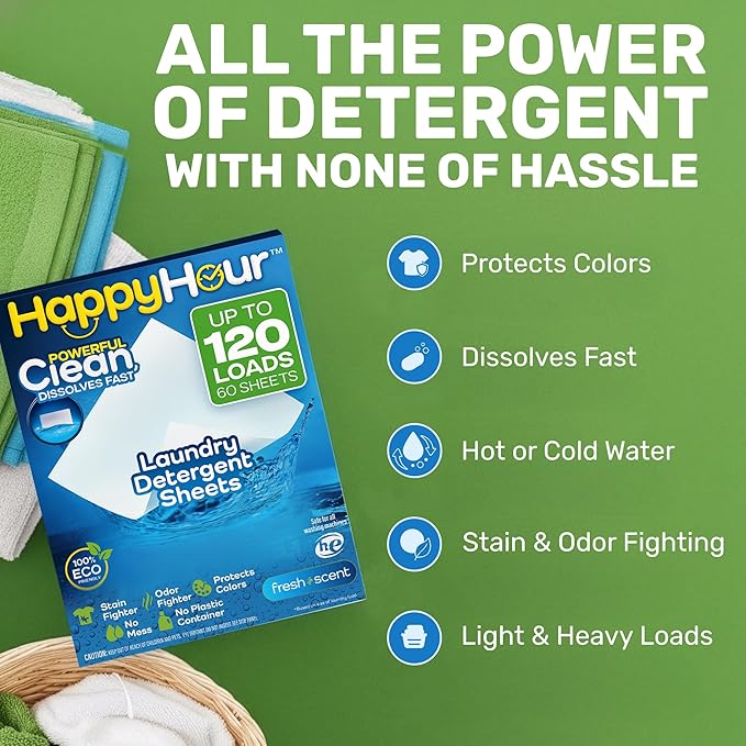 HAPPY HOUR Laundry Detergent Sheets 120 Loads Fresh Scent – Eco Friendly Biodegradable Laundry Soap Sheets, Non Toxic, Clothes Washing, Hot & Cold Water, Travel, Hypoallergenic for Sensitive Skin