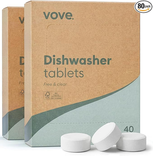 Vove Dishwasher Detergent Tablets, 80 Count Value Pack - Plastic-Free, No PVA, No Microplastics - 2x Enzyme Power for Sparkling Dishes - Plant-Based, Fragrance-Free, Biodegradable, Septic Safe