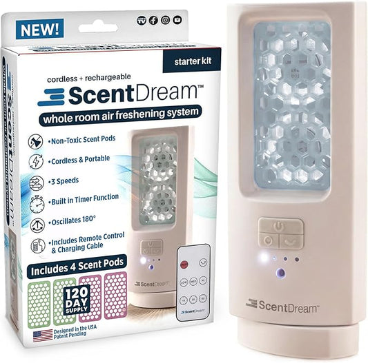 Starter Kit Cordless Rechargeable Air Freshening System Non Toxic Aroma Pods Oscillates 180° Includes Remote Control and (4) Scent Pads Refills 120 Day Supply Home Bathroom Patent Pending