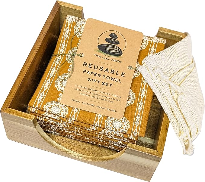 Reusable Paper Towels with Holder | Eco Friendly Kitchen Gift Set | 12 Gold Ochre Organic Cotton Towels, Sustainable Acacia Holder, Wash Bag | Vintage French Country Zero Waste Kit