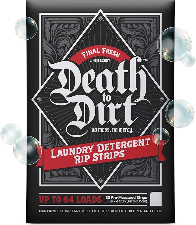 Death to Dirt Laundry Detergent Sheets, 64 Loads, Tough on Stains and Odors, Gentle on Skin and Fabric, Plant-Based & Eco-Friendly, Final Fresh Linen Scent, 32ct