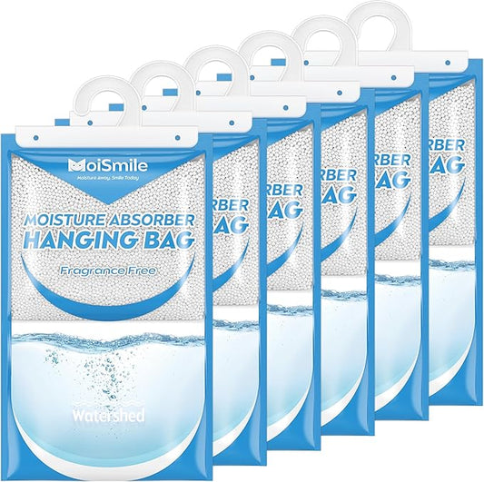Hanging Moisture Absorbers 6 Pack Net Wt. 17.5oz/Pack, Fragrance Free Closet Dehumidifier Bags, Odor Eliminator & Humidity Absorber, Humidity Packs for Bathroom, Bedroom, Basement, Car, RV & Boat