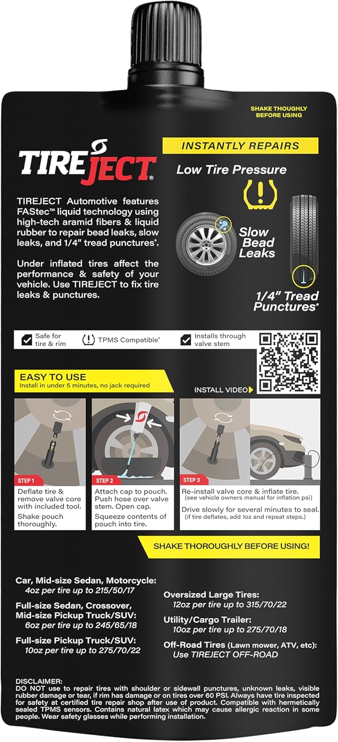 TireJect Automotive Full-Size Truck/SUV 2-in-1 Tire Sealant & Bead Sealer Kit for tire Repair of leaks and punctures