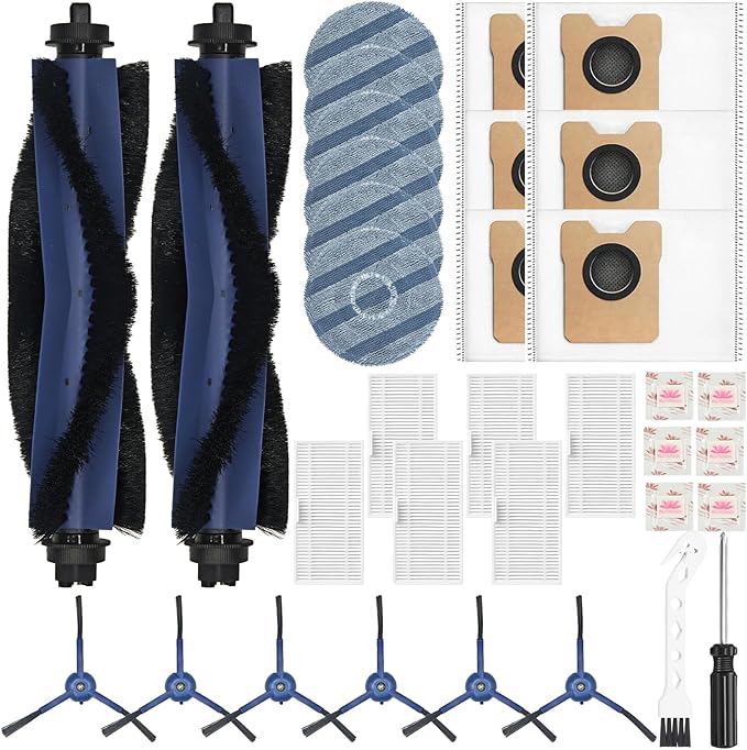 34 Pack for eufy Vacuum Omni C20 Accessories Kit，2 Mainbrush 6 Filter 6 Dust Bag 6 mop pads 6 Sidebrush 1Cleaning Brush 1Screwdriver,6 Sachet