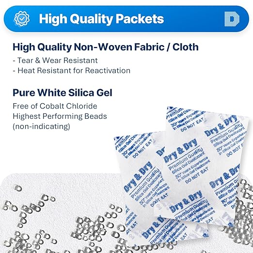 Dry & Dry 20 Gram [20 Packets] Silica Gel Packets Desiccants, Silica Packets - Rechargeable Moisture Absorbers for Food Storage, Electronics, 3D Filament & Safes