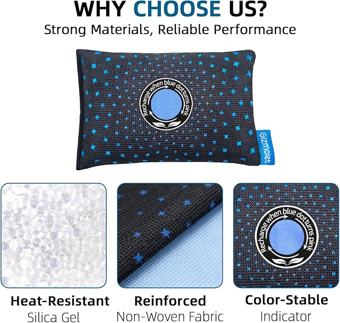 250g (2 Pack) Rechargeable Desiccant Packs for Storage, Color Indicating Moisture Absorbers with “S” Hook Hanging, Silica Gel Packets for Closets, 3D Filament, Gun Safe, Electronic, Toolbox, Safe