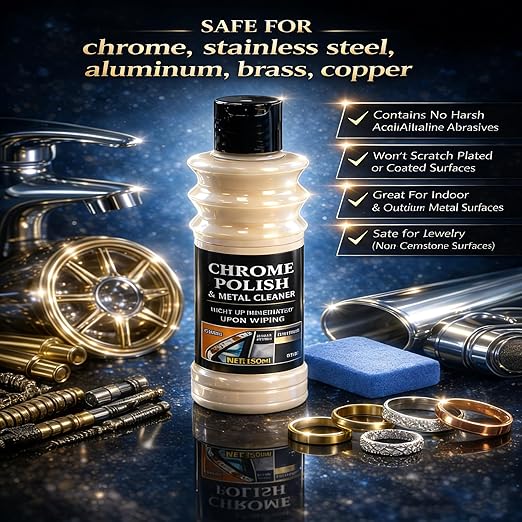 Chrome Polish & Metal Cleaner for Cars, 5.07 fl oz/150ml, All Metal Polish for Golf Clubs, Jewelry, Silver, Brass, Aluminum, Copper, Stainless Steel & Various Metal Surfaces