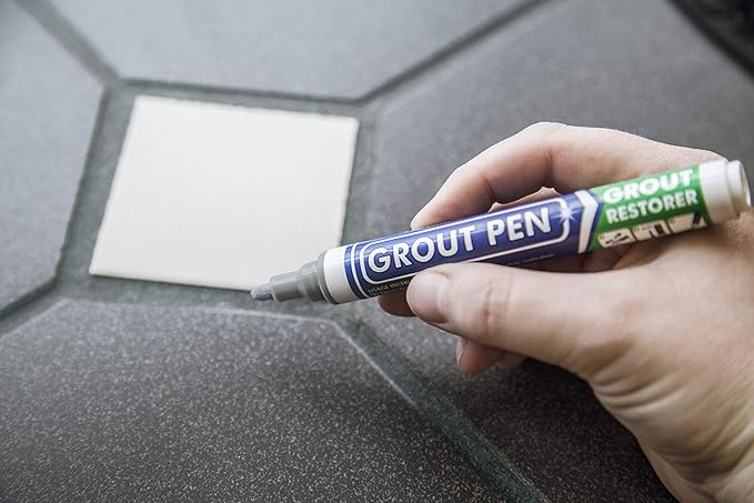 Grout Pen Tile Paint Marker: Grey Narrow 5mm with 5 Pack Replacement Tips - Waterproof Grout Colorant and Sealer Pen to Renew, Repair, and Refresh Tile Grout - Cleaner Coating Stain Pens