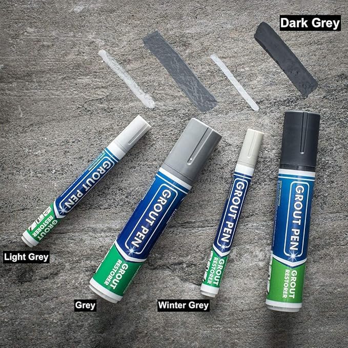 Grout Pen Tile Paint Marker: Waterproof Grout Colorant and Sealer Pen to Renew, Repair, and Refresh Tile Grout - Cleaner Coating Stain Pens - 2 Pack, 5mm Narrow and 15mm Wide Tip Pen - Dark Grey