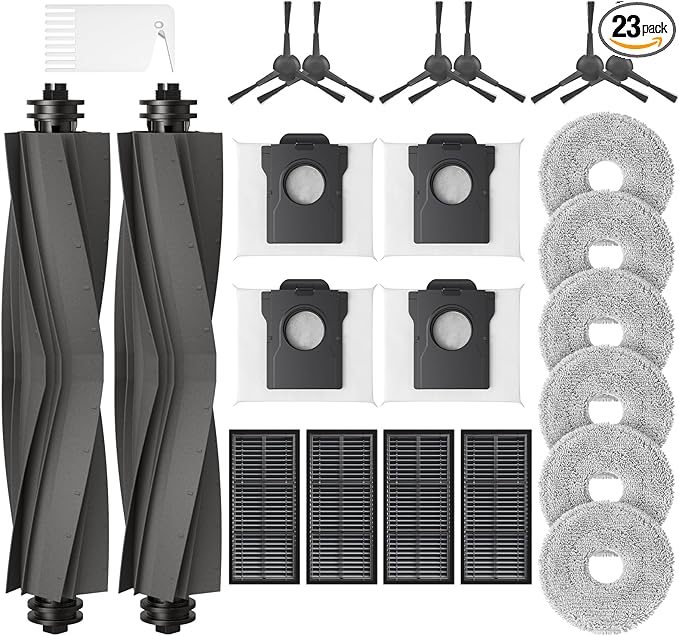 23 Pcs Replacement Parts for Dreame L10s Ultra Gen 2/ L10s Pro Ultra Heat/ X30 Ultra/Mova E30 Ultra Robot Vacuum and Mop, 2 Main Brush, 6 Mop Pads, 4 Dust Bags, 4 Filters, 6 Side Brush, 1 Clean Brush
