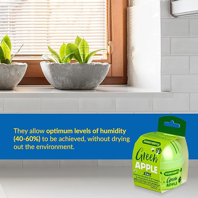 HUMYDRY Moisture Absorber Device, Mini Pack of 12 of 2.6oz, Small Space Dehumidifier and Air Freshener with Green Apple Scent, Non Electric Humidity Absorber for Closet Bedroom and Compact Areas
