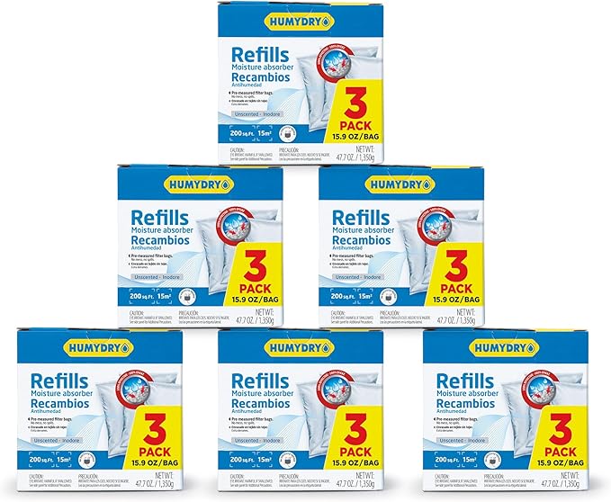 HUMYDRY Moisture Absorber Refills for 15.9 Oz Dehumidifier, 18 Count, 6 Packs of 3 Unscented Humidity Absorber Bags, Pre-Measured Non-Electric Humidity Absorber Refill Bags for Medium Enclosed Spaces