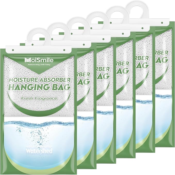 Hanging Moisture Absorbers 6 Pack Net Wt. 17.5oz/Pack, Fresh Fragrance Closet Dehumidifier Bags, Odor Eliminator & Humidity Absorber, Humidity Packs for Bathroom, Bedroom, Basement, Car, RV & Boat