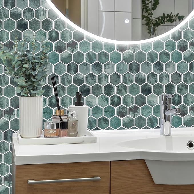 10-Sheet Hexagon Peel and Stick Backsplash for Kitchen, New Upgrade Premium Extra Thicker Design 3D Self Adhesive Wall Tiles, Large Stick on Tiles for Kitchen and Bathroom (12" x 12")