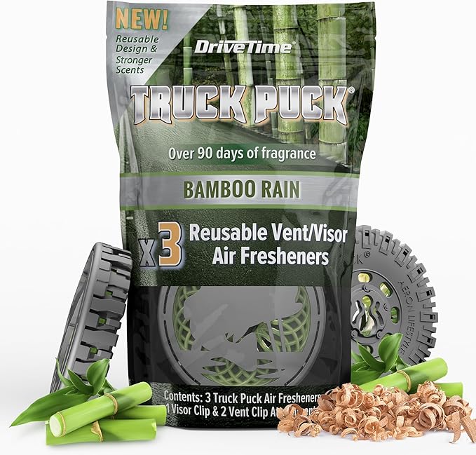 Drive Time Truck Puck Bamboo Rain Fragrancee Car Air Freshener – Long-Lasting Car Deodorizer, Refillable Vent & Visor Clip Auto Air Freshener for Car, Truck & SUV, Premium Fragrance, Pack of 3
