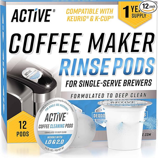 ACTIVE K-Cup Compatible Keurig Cleaning Pods - Quick-Rinse Cleaners for Single Serve Coffee Machine, 12 Month Coffee Maker Cleaner Kit, Brewer Clean Cups for Keurig 1.0, 2.0, Mini Machines - 12 Pack