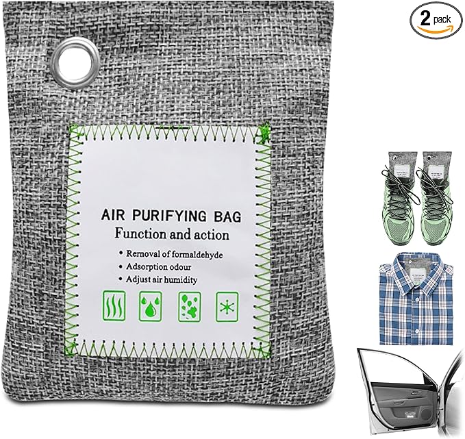 2 Bags Natural Air Purifying Bag | Bamboo Charcoal Odor Absorber for Home & Car | Closet Odor Eliminator, Small Room Deodorizer & Car Air Freshener | Charcoal Bags (100g gray2, Unscented)
