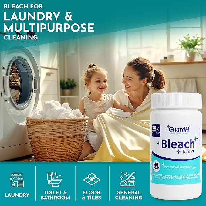Bleach Tablets 40 Count – Multipurpose Cleaning Tablets for Laundry, Toilet Bowl, Bathroom Tile and Kitchen Surfaces – Liquid Bleach Alternative, Fast Dissolving Formula