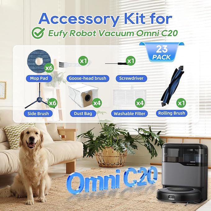Omni C20 Replacement Parts for Eufy Omni C20 Robot Vacuum, Includes 1 Main Brush, 2 Side Brushes, 2 Filters, 2 Mop Pads, 2 Dust Bags (9 Pack)