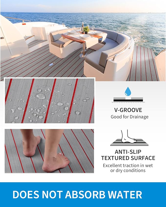 OCEANBROAD EVA Foam Boat Flooring with 3M Adhesive Backing Marine Self-Adhesive Decking 96''x45.6''/36''/28.8''/16.8'', 48''x16.8'' Faux Teak Sheet for Jon Boats Swim Platform Helm Pad RV Floor