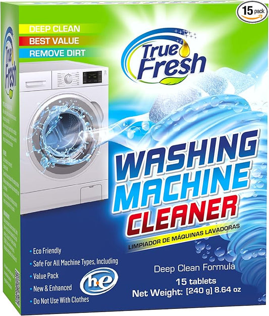 True Fresh Washing Machine Cleaner Descaler 15 Pack Tablets, Deep Cleaning Deodorizer for HE Front & Top Load Washers, Eliminates Odor Buildup Residue Grime, Cleans Drum Pump Valve Hoses Septic Safe