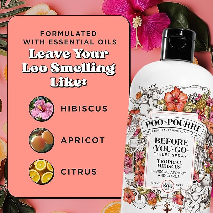 Poo-Pourri Before-You-Go Toilet Spray Refill, Tropical Hibiscus, 16 Fl Oz, Up to 800 Uses, Bathroom Odor Deodorizer with Essential Oils for Home or Work, Hibiscus, Apricot and Citrus Scent
