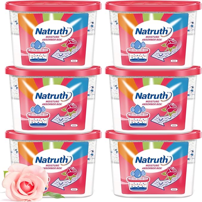 NATRUTH Moisture Absorbers Boxes (6 PACKS)，12.5 Oz With Rose Scent,Portable Closet Dehumidifier, Odor Eliminator Absorber Bucket,Humidity Absorber,Air Dehumidifier for Closet,Bathrooms, Kitchen &Boats