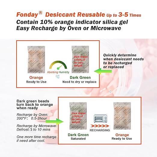 5g x 30 packs Fonday Rechargeable Silica Gel Desiccant Packets Fast Reactivate Desiccant Bags Moisture Indicating Orange to Green