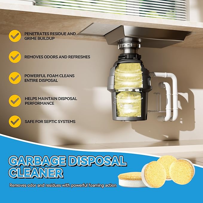 Garbage Disposal Cleaner Dishwasher cleaning supplies Washing Machine Deodorizer Fresher Sink Drain Tablets Kitchen Drain Cleaning Care Odor Disposer with Foaming Action 24Pack