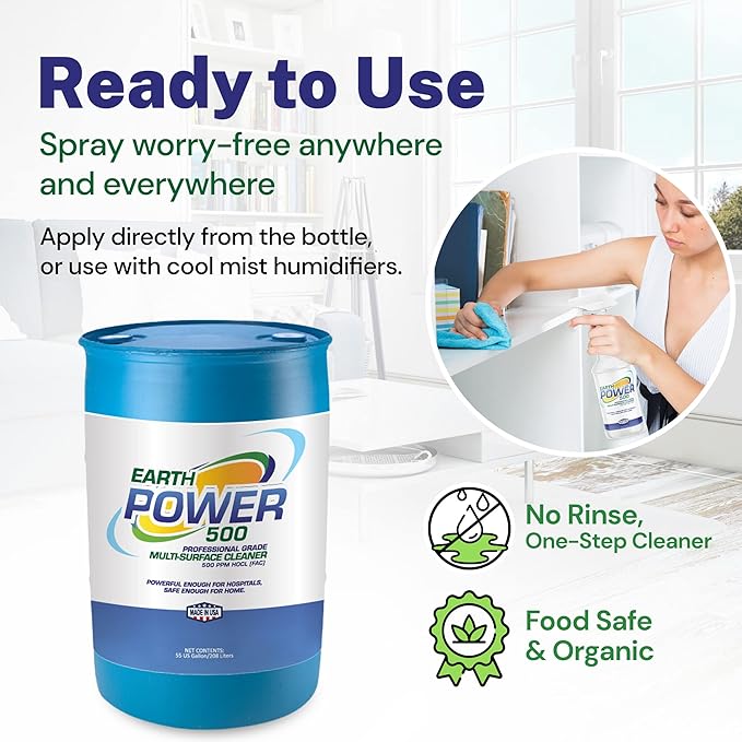 Earth Power Hypochlorous Acid 500 PPM Multipurpose Cleaner – Natural & Non-Toxic – Tile, Refrigerator, Shower, Countertop & Floor Cleaner – Family, Food & Pet Safe Cleaning Supplies – 50 Gallon