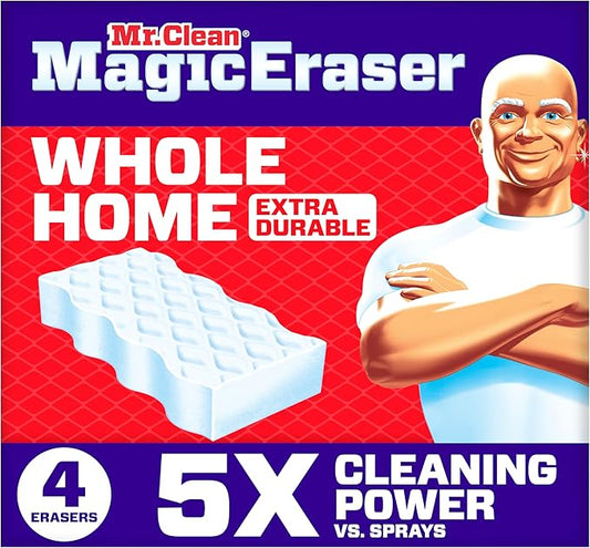 Mr. Clean Magic Eraser Sponge, All Purpose Cleaner, Cleaning Scrubber, Wall, Sneaker, Kitchen, Bathroom, Shower Cleaner, Cleaning Supplies, Melamine Sponge, Cleaning Pads, Extra Durable, 4ct