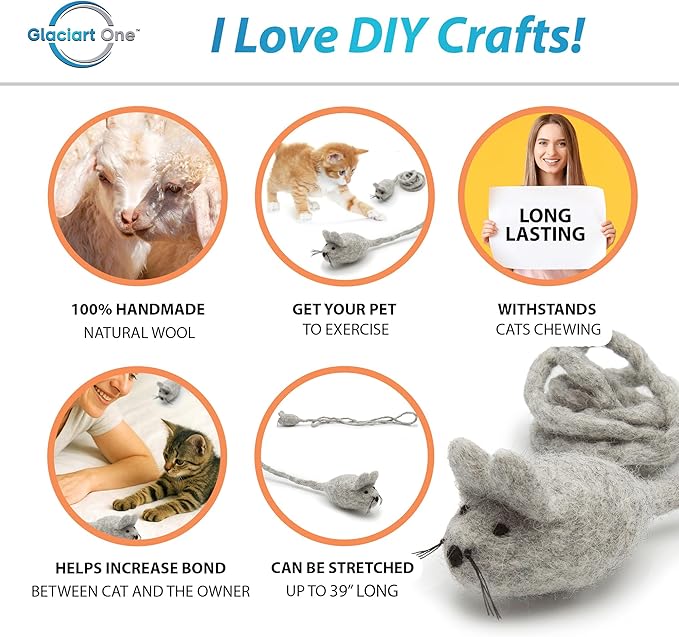 Glaciart One Felt Mouse Cat Toy – Soft Fuzzy Enrichment 100% Natural Wool - Interactive Catnip Play Cat Toy Set - Safe for Pets, Non-AZO Colored Dyes - 42” Long
