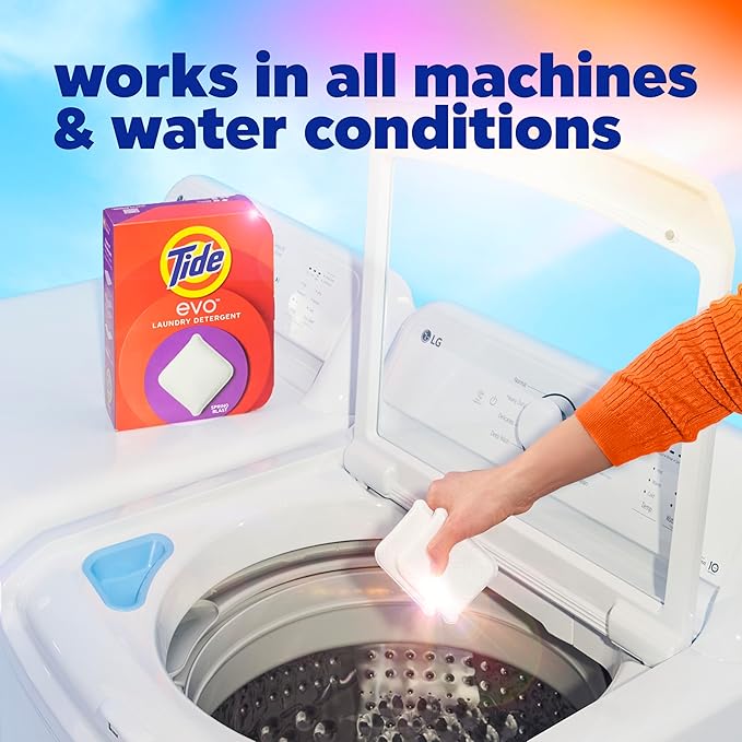 Tide evo Spring Blast Scent Laundry Detergent Fiber Tiles Works on 100% of Common Stains Safe for All Machines and Water Conditions Concentrated HE Compatible Clean and Instant Dissolve, 42 Count