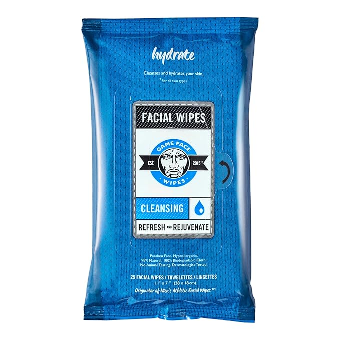 Game Face Cleansing Face Wipes 25 Count Pack XL Size 100% Compostable, Naturally Formulated and Lightly Scented Hydrating, Refreshing, and Rejuvenating for Athletic, Sport, and On The Go Needs.