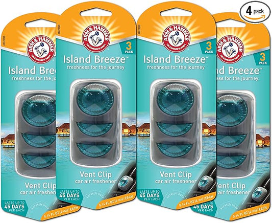 Arm & Hammer AH8203IB Island Breeze Freshness Vent Clip for Car Air Freshener 4 Pack of 3 Piece in Each