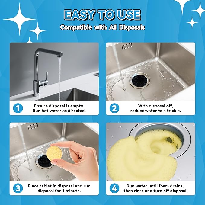 Garbage Disposal Cleaner Dishwasher cleaning supplies Washing Machine Deodorizer Fresher Sink Drain Tablets Kitchen Drain Cleaning Care Odor Disposer with Foaming Action 24Pack