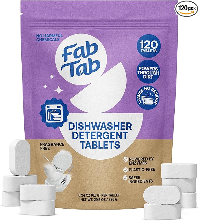 Fab Tab 100% Plastic-Free Dishwasher Detergent Tablets, Clean Ingredients, Fragrance Free, No Residue, Powerful Enzyme-Based Dishwasher Pods, 120 Count.