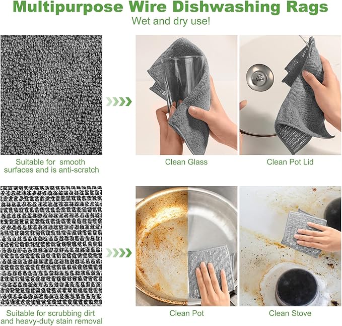 10 Counts Multipurpose Wire Dishwashing Rag,Non Scratch Wire Dishcloth for Washing Dishes,Microfiber Miracle Cleaning Cloth with Mesh,Dual-Sided Steel Mesh Cloth for Pot,Metal Scrubber,Grey