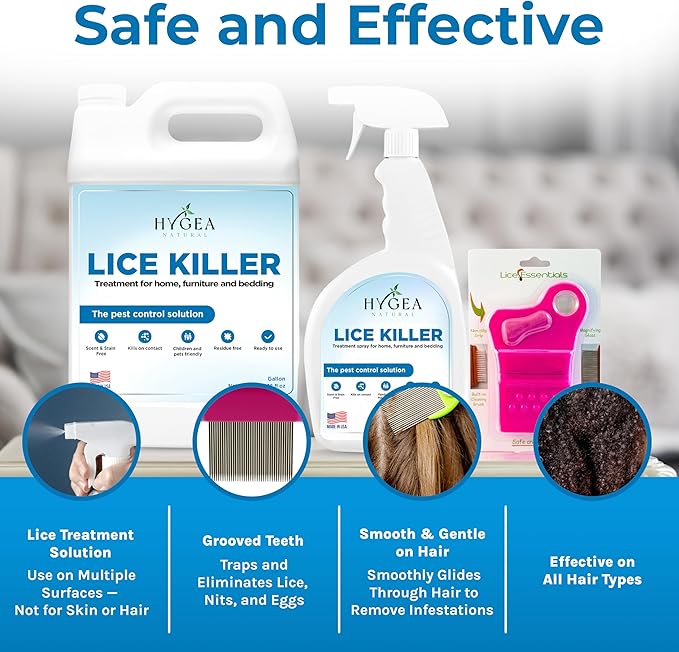 Hygea Natural Lice Kit Includes Comb with Magnifier for lice and nits and Lice Spray & Refill for Home, Furniture, Bedding - Natural Treatment- Family Friendly and pet Safe - Stain and Scent Free