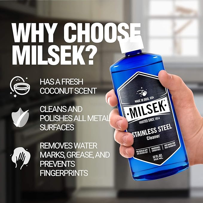 Milsek Stainless Steel Cleaner - Multipurpose Cleaning Supplies for Home and Kitchen Appliances, Sink, Stovetop, Dishwasher, Microwaves and Refrigerators - 12 Fl Oz (Pack of 4)