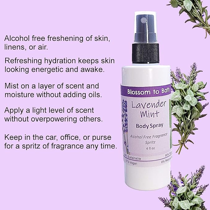Blossom to Bath Lavender Mint Body Spray (4 Ounce) - Pure Essential Oil Fragrance - Energizes Skin with a Cheerfully Relaxing Scent