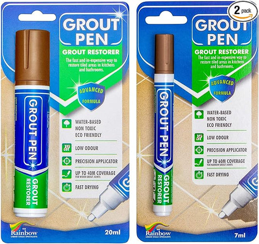Grout Pen Tile Paint Marker: Waterproof Grout Colorant and Sealer Pen to Renew, Repair, and Refresh Tile Grout - Cleaner Coating Stain Pens - 2 Pack, 5mm Narrow and 15mm Wide Tip Pen - Brown