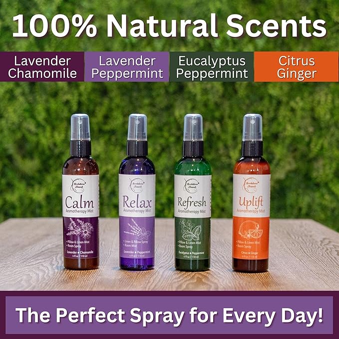 Aromatherapy Mist – Linen, Room & Pillow Spray, Set of 4 Natural Air Fresheners. Essential oil spray variety pack with Lavender, Chamomile, Eucalyptus, Peppermint & Citrus - Brookethorne Naturals