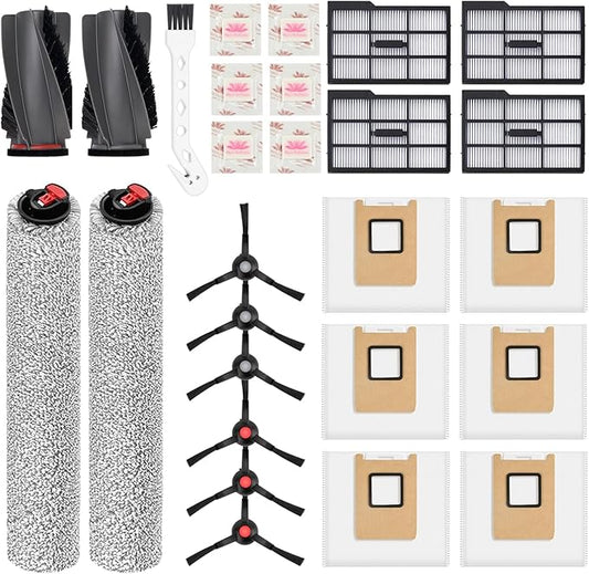 Replacement Kit for Eufy E25 Omni / E28 Omni: 1 Pair Main Brushes, 2 Roller Mops, 4 HEPA Filters(Left), 6 Side Brushes, 6 Dust Bags, 6 Scented Tablets (for Dust Bag Odor Control)